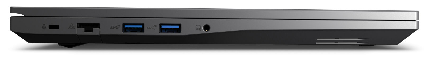سمت چپ: شیار قفل کابل، شبکه گیگابیتی (۲.۵ گیگابیت بر ثانیه)، ۲ عدد پورت USB 3.2 نسل ۱ (نوع A)، پورت ترکیبی صدا (هدفون/میکروفون)